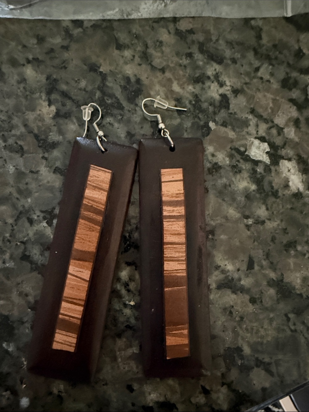 Handmade Rectangular Wood Inlay Drop Earrings - Brown